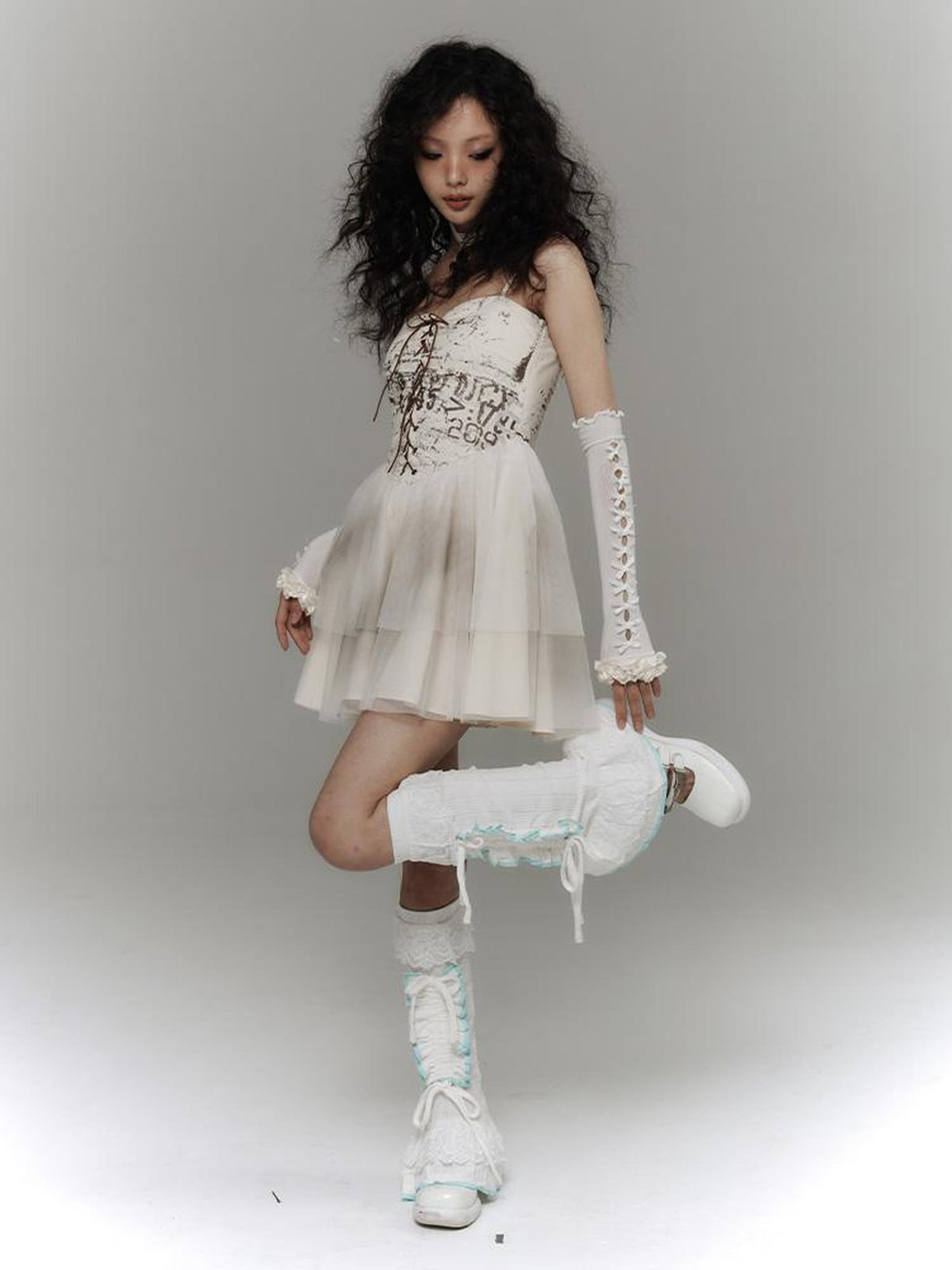 YUKAHOUSE Balletcore Printed Tulle Puff Slim Fit Women's Cotton Modal Slip Mini Dresses