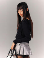 YUKAHOUSE Black Cutout Drawstring Waist Women's Slim Fit Long Sleeve T-shirts