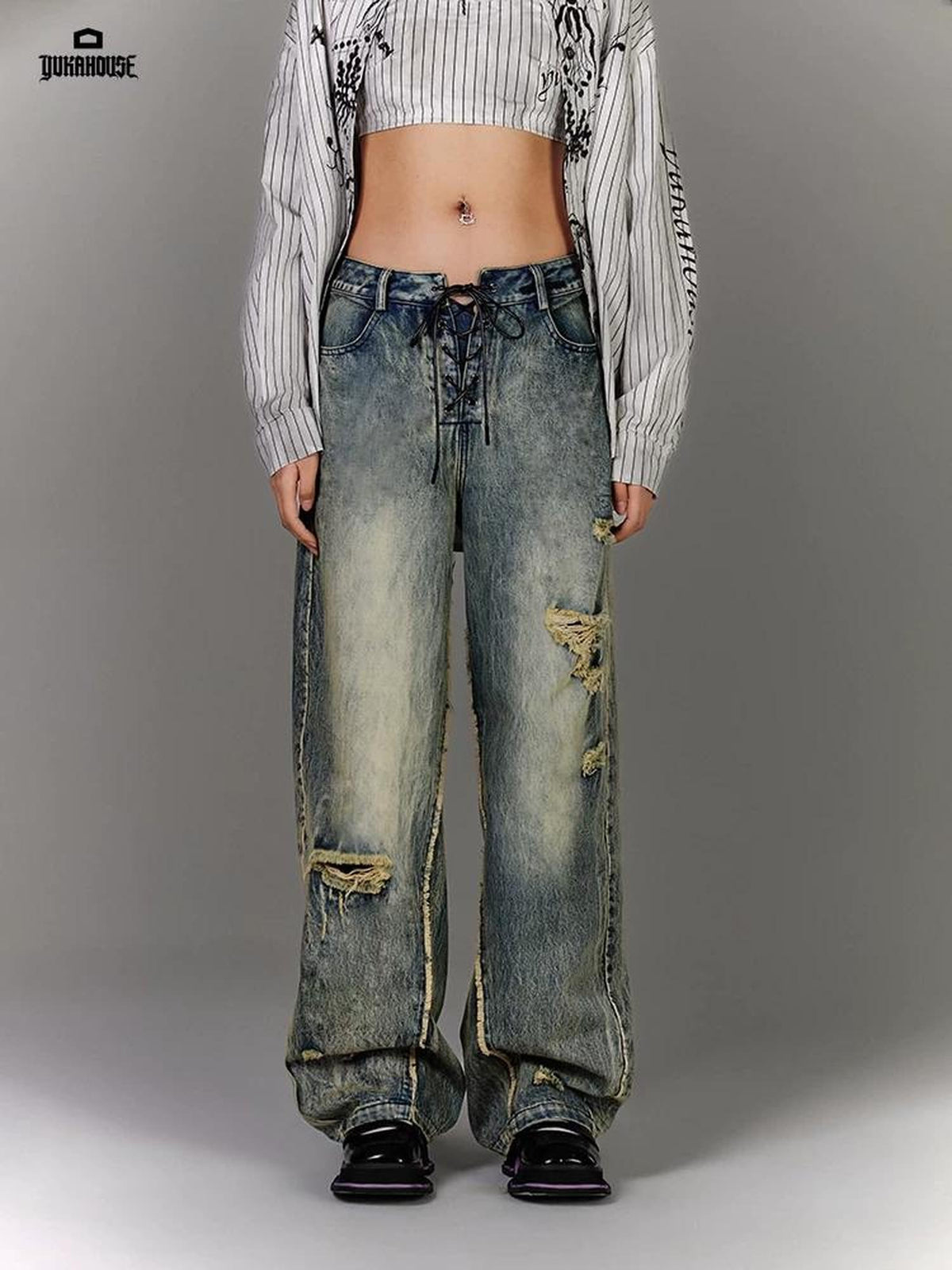 YUKAHOUSE Blue Distressed Drawstring Women's Cotton Wide-leg Jeans