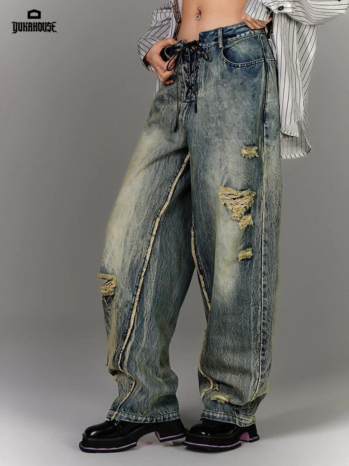 YUKAHOUSE Blue Distressed Drawstring Women's Cotton Wide-leg Jeans