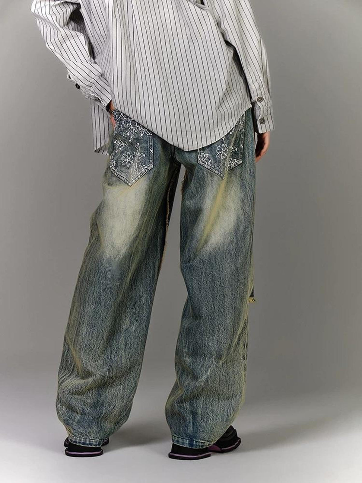YUKAHOUSE Blue Distressed Drawstring Women's Cotton Wide-leg Jeans