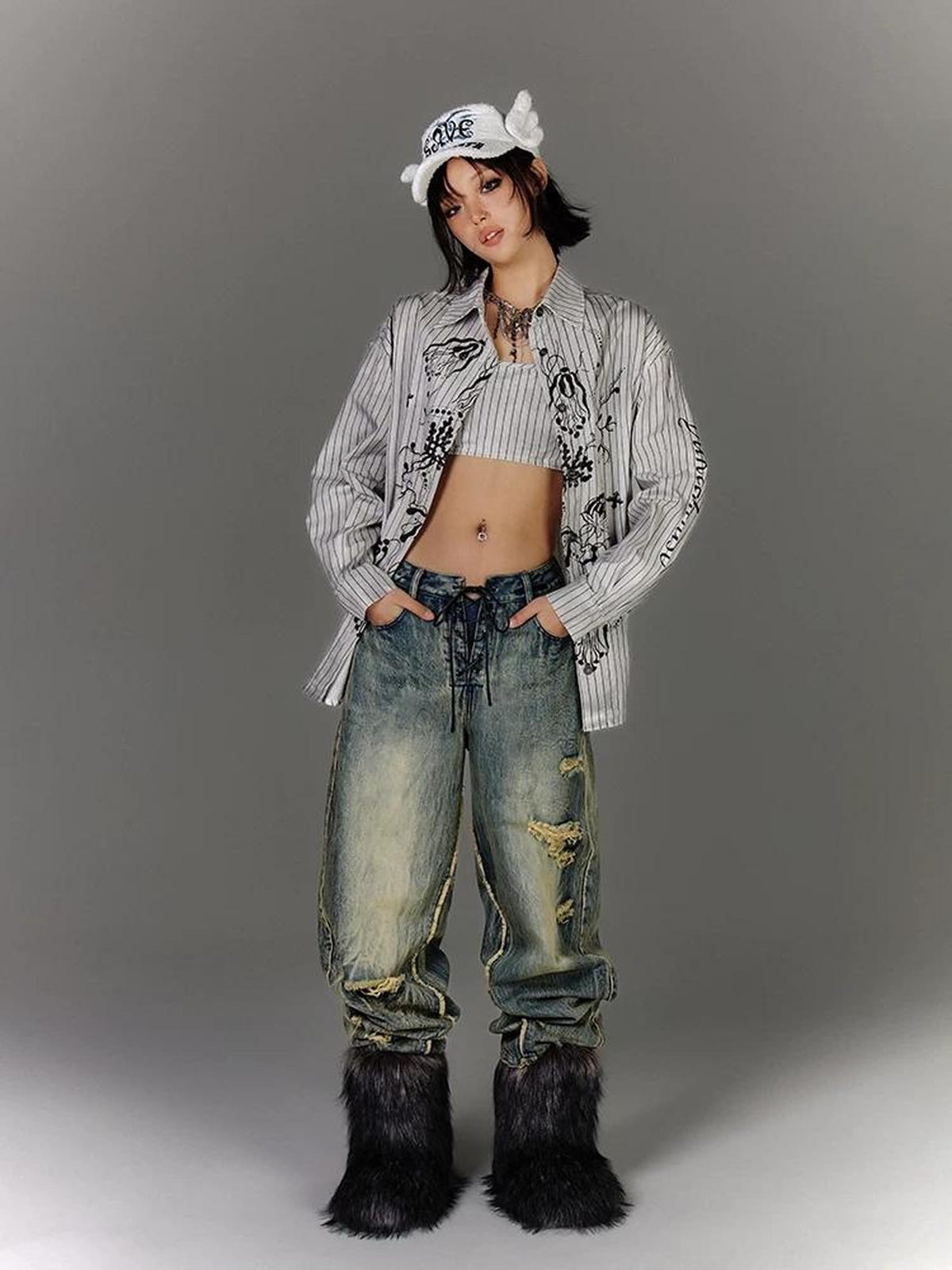 YUKAHOUSE Blue Distressed Drawstring Women's Cotton Wide-leg Jeans