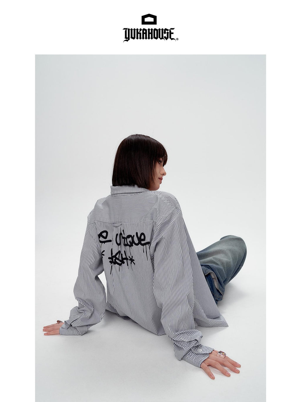 YUKAHOUSE Blue White Striped Paint Splatter Loose Women's Ribbed Cotton Shirts
