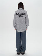 YUKAHOUSE Blue White Striped Paint Splatter Loose Women's Ribbed Cotton Shirts