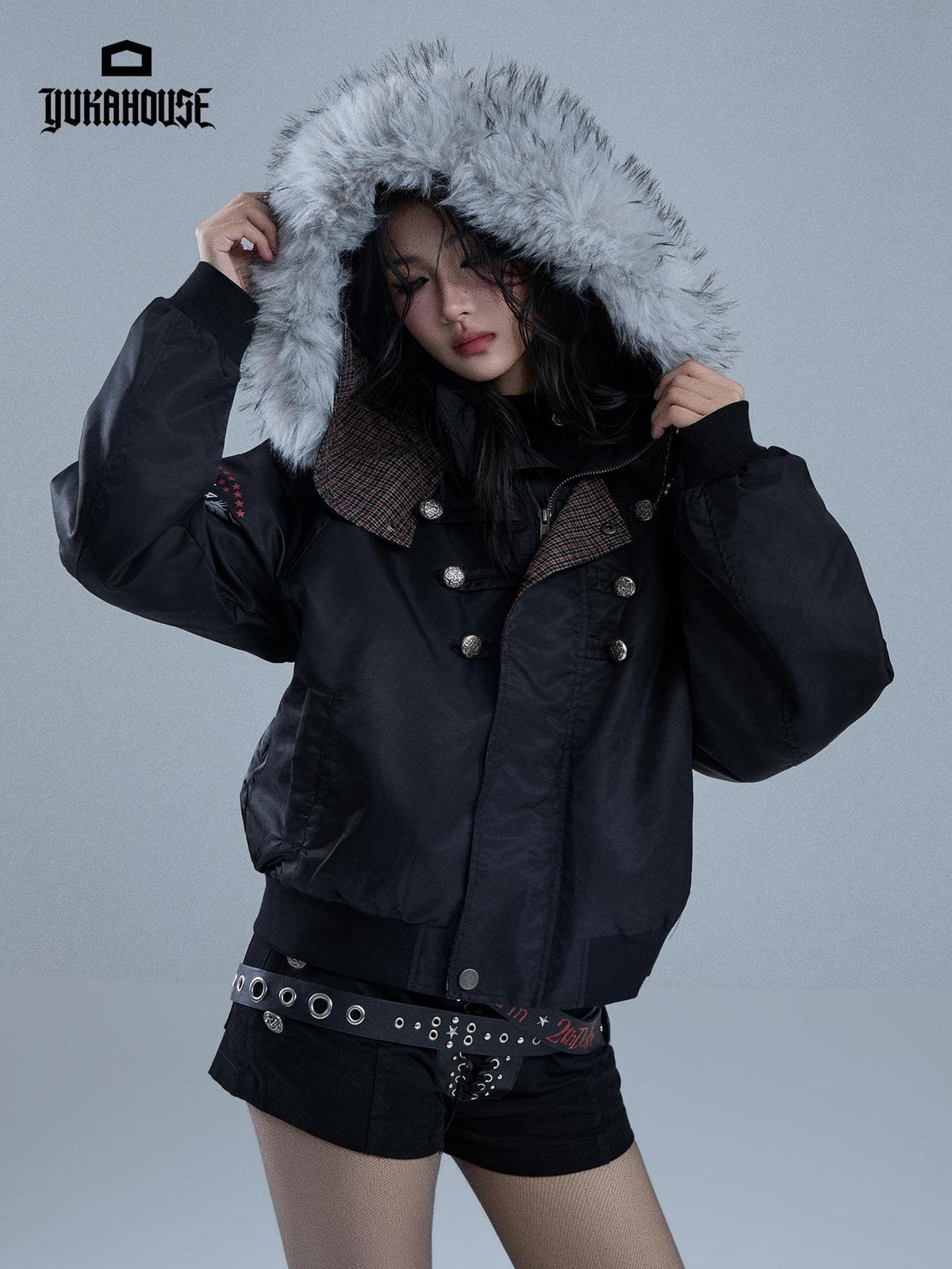 YUKAHOUSE Cropped Plaid Print Faux Fur Hooded Women's Nylon Puffer Jackets