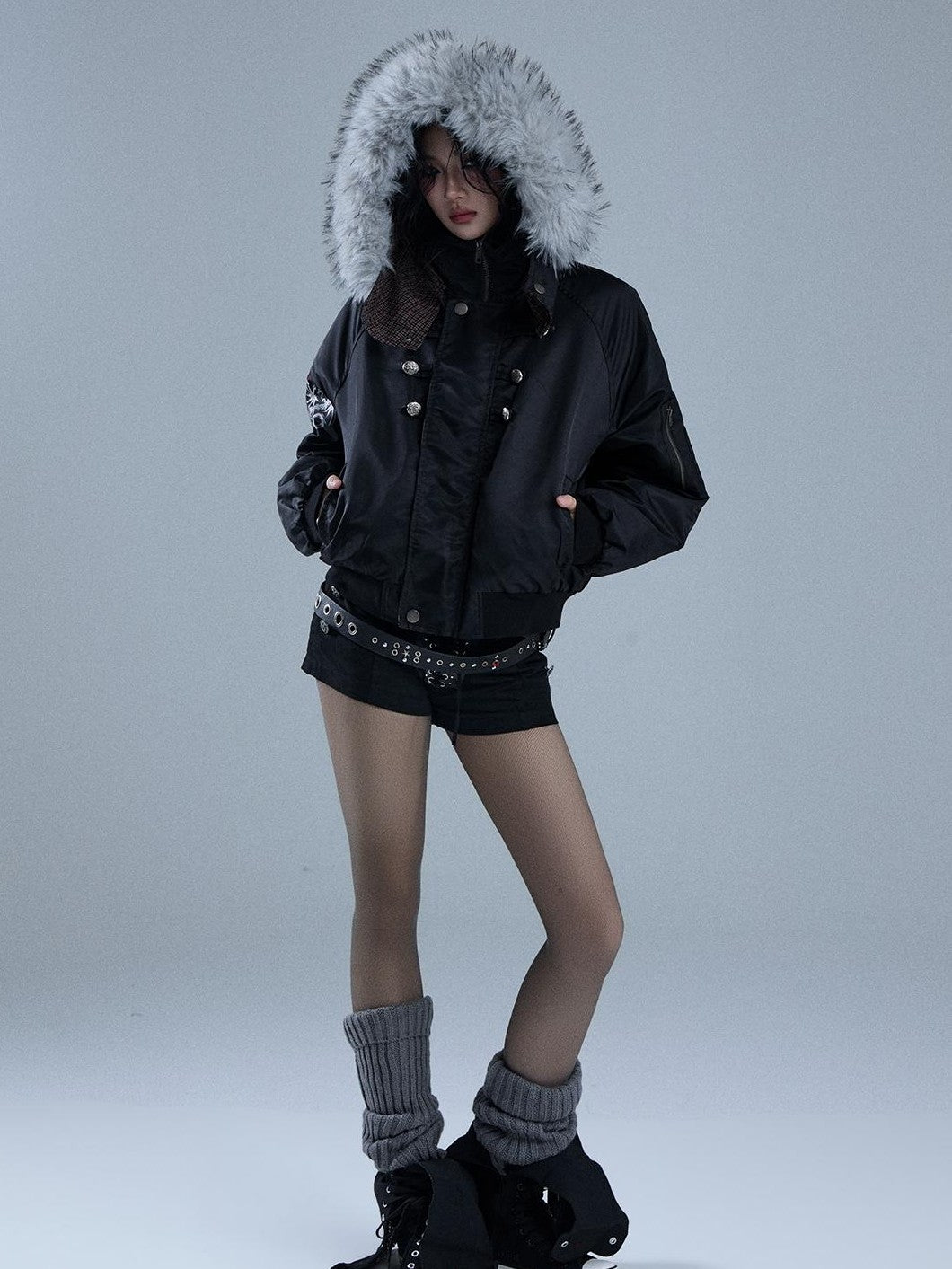 YUKAHOUSE Cropped Plaid Print Faux Fur Hooded Women's Nylon Puffer Jackets
