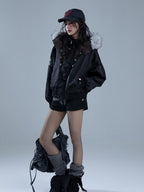 YUKAHOUSE Cropped Plaid Print Faux Fur Hooded Women's Nylon Puffer Jackets