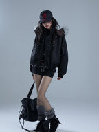 YUKAHOUSE Cropped Plaid Print Faux Fur Hooded Women's Nylon Puffer Jackets