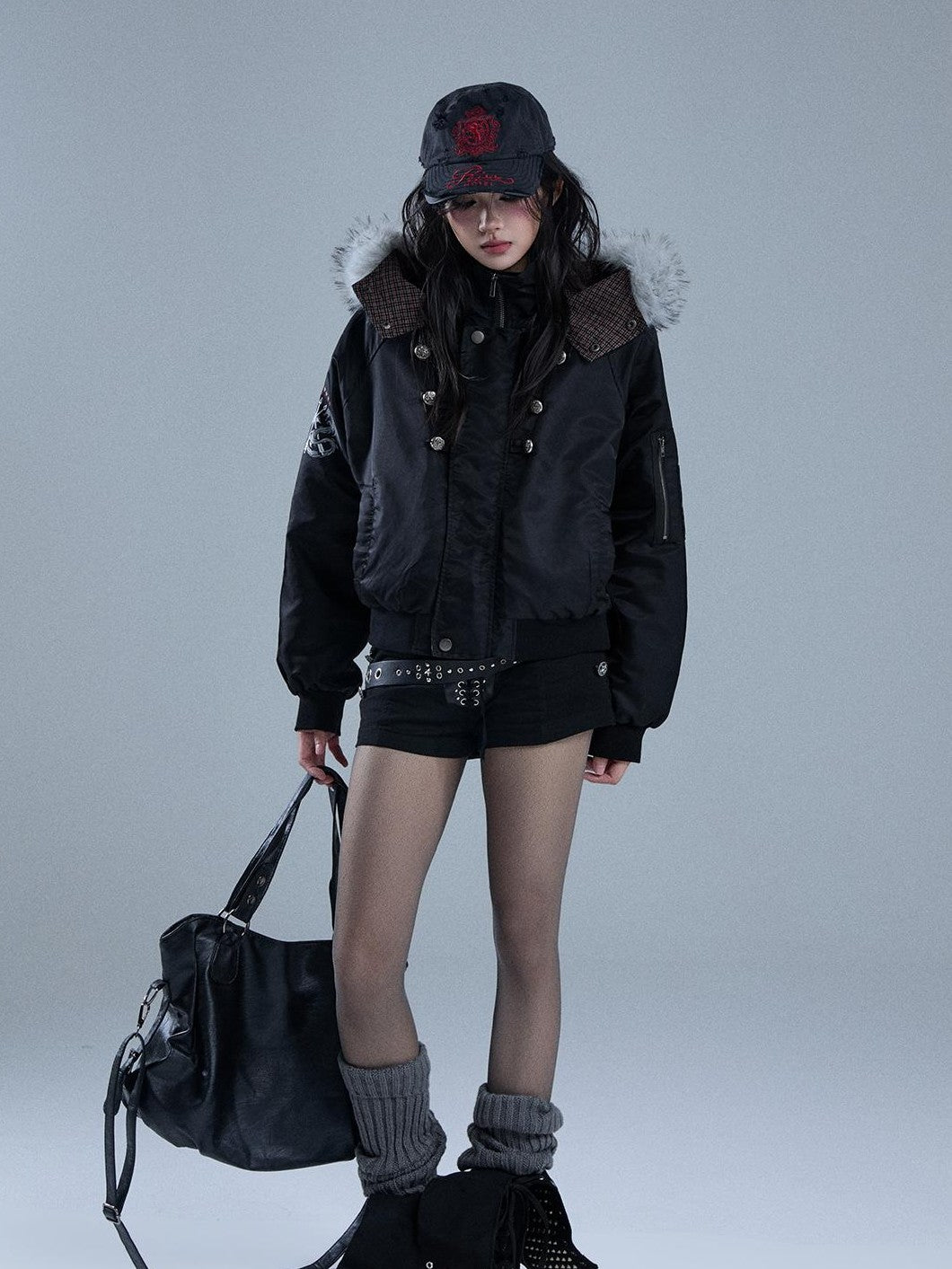 YUKAHOUSE Cropped Plaid Print Faux Fur Hooded Women's Nylon Puffer Jackets