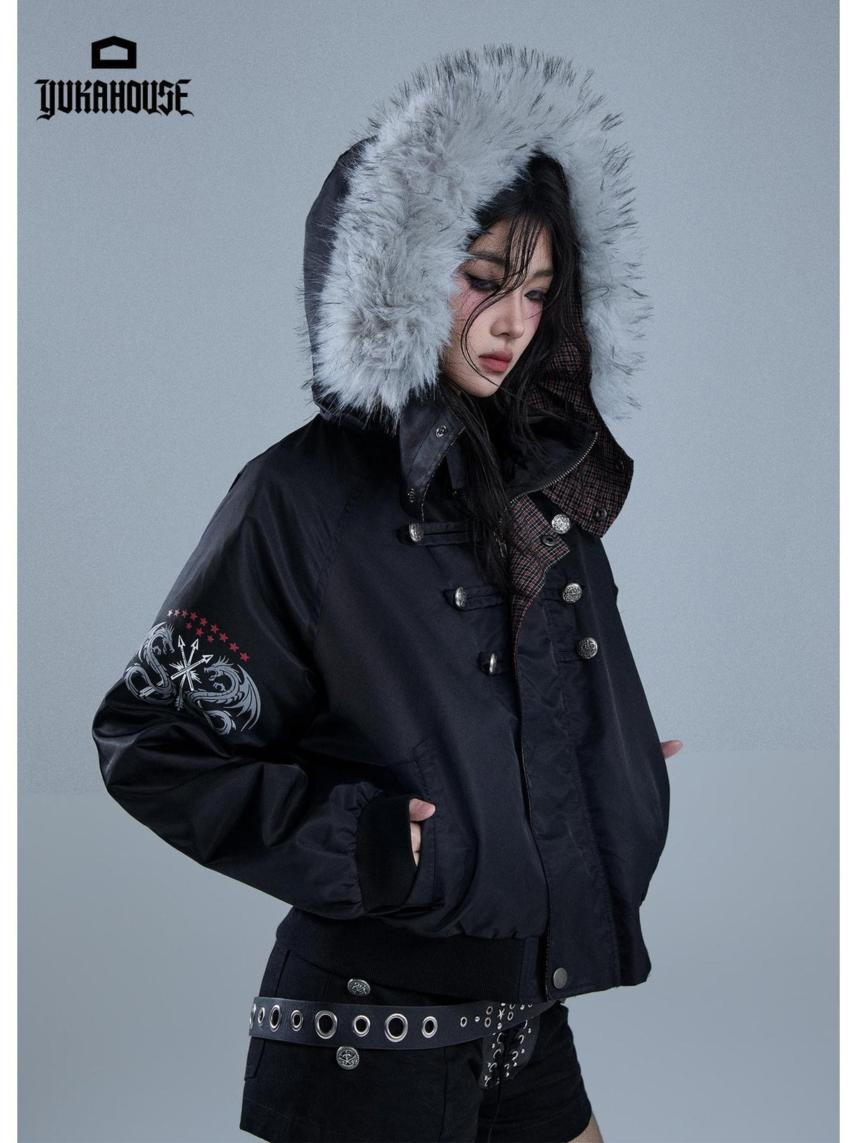 YUKAHOUSE Cropped Plaid Print Faux Fur Hooded Women's Nylon Puffer Jackets