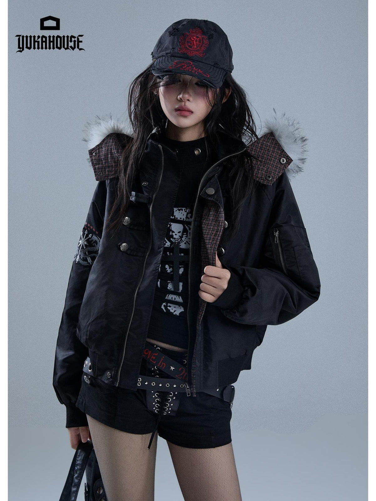 YUKAHOUSE Cropped Plaid Print Faux Fur Hooded Women's Nylon Puffer Jackets