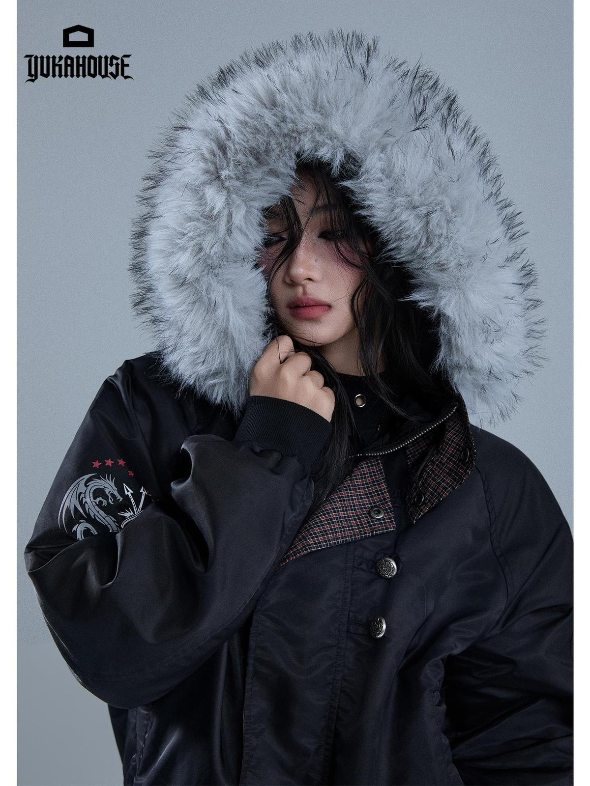 YUKAHOUSE Cropped Plaid Print Faux Fur Hooded Women's Nylon Puffer Jackets