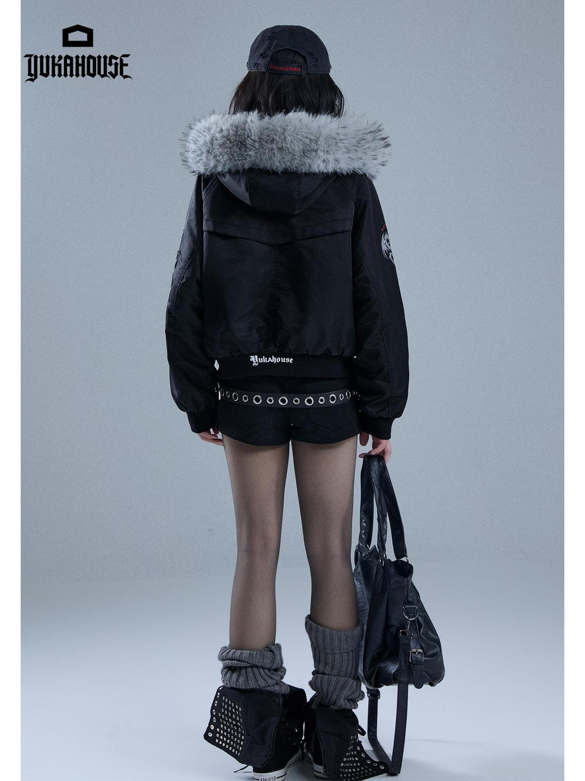 YUKAHOUSE Cropped Plaid Print Faux Fur Hooded Women's Nylon Puffer Jackets