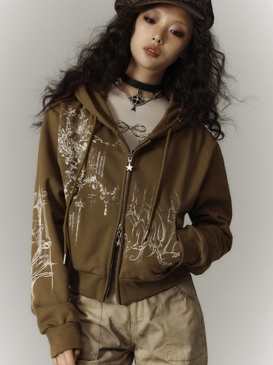 YUKAHOUSE Cropped Print Zip Up Loose Cotton Women's Hoodies