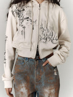 YUKAHOUSE Cropped Print Zip Up Loose Cotton Women's Hoodies