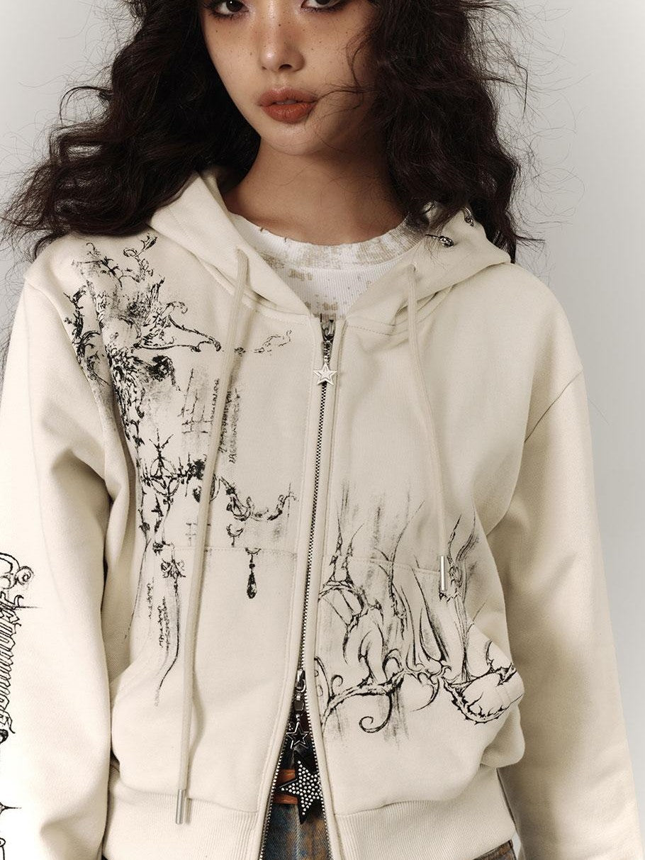 YUKAHOUSE Cropped Print Zip Up Loose Cotton Women's Hoodies