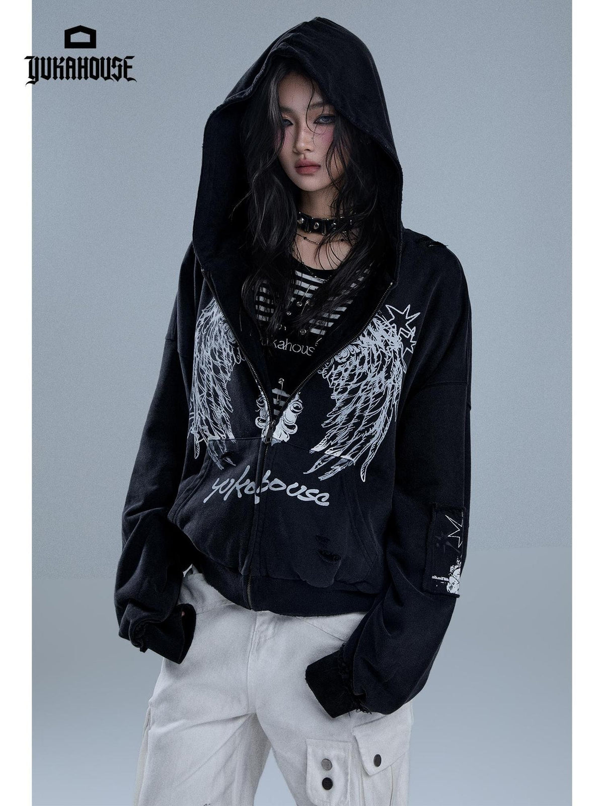 YUKAHOUSE Dark Angel Wings Print Distressed Zip Up Women's Cotton Hoodies