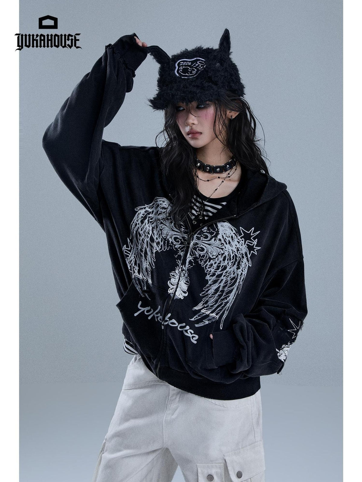 YUKAHOUSE Dark Angel Wings Print Distressed Zip Up Women's Cotton Hoodies