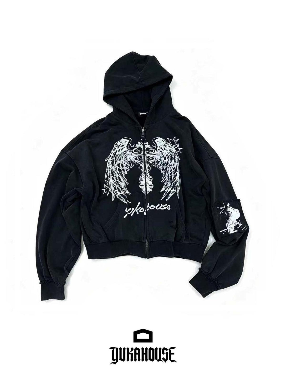 YUKAHOUSE Dark Angel Wings Print Distressed Zip Up Women's Cotton Hoodies