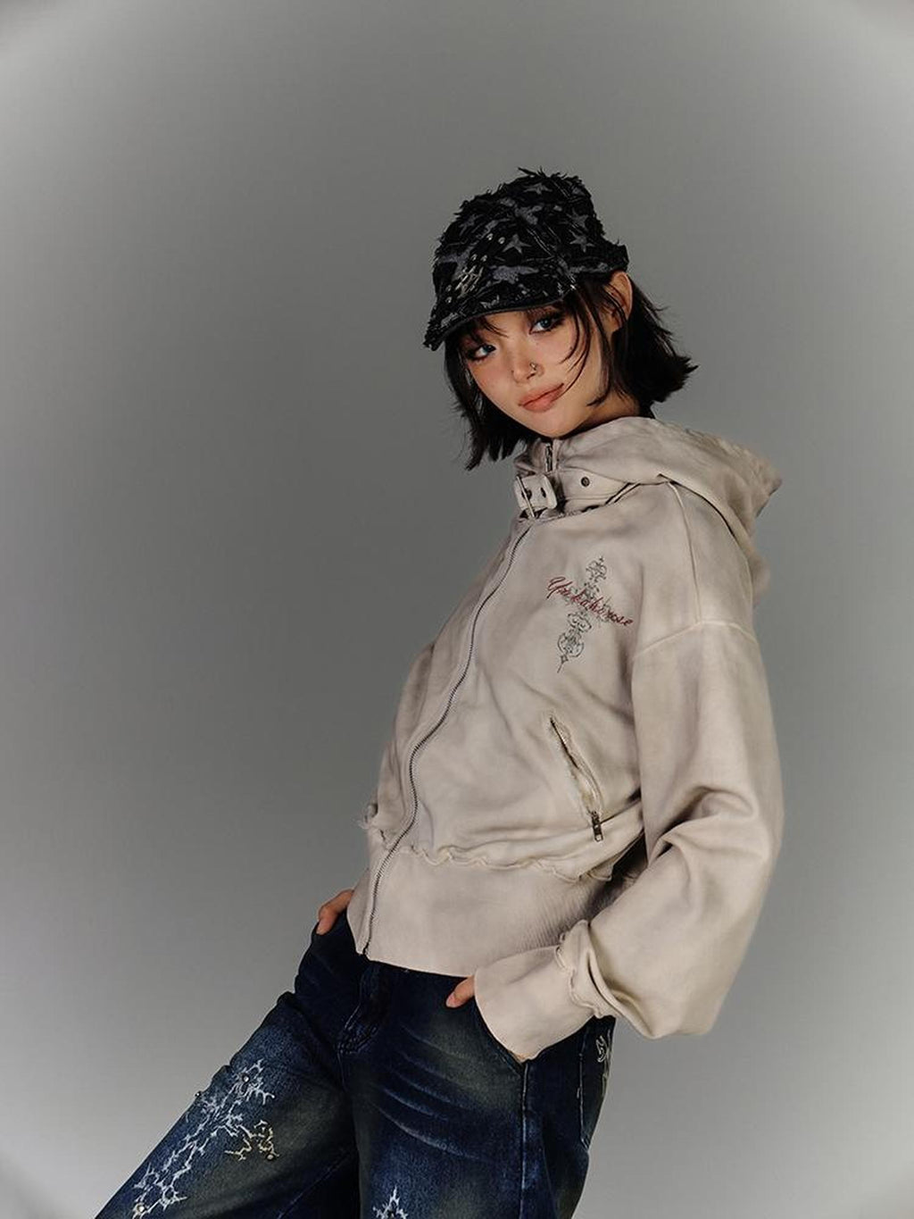 YUKAHOUSE Dirty Wash Distressed Zip Hooded Women's Cotton Casual Jackets