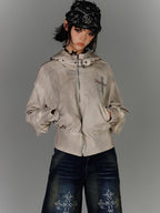 YUKAHOUSE Dirty Wash Distressed Zip Hooded Women's Cotton Casual Jackets