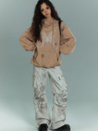 YUKAHOUSE Dirty Wash Pleated Multi Pocket Cargo Women's Cotton Wide-leg Jeans