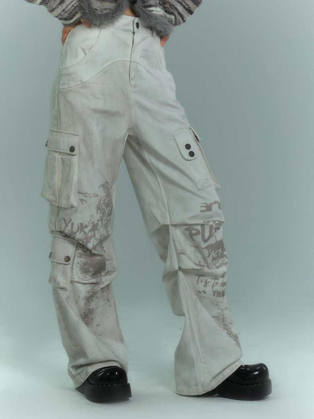 YUKAHOUSE Dirty Wash Pleated Multi Pocket Cargo Women's Cotton Wide-leg Jeans