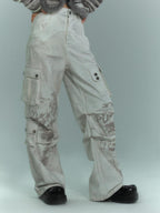 YUKAHOUSE Dirty Wash Pleated Multi Pocket Cargo Women's Cotton Wide-leg Jeans