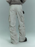 YUKAHOUSE Dirty Wash Pleated Multi Pocket Cargo Women's Cotton Wide-leg Jeans