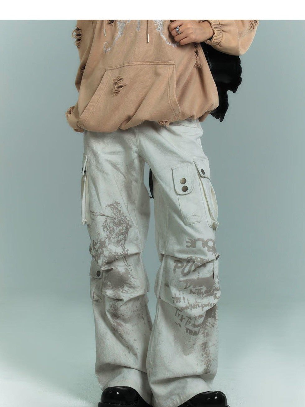 YUKAHOUSE Dirty Wash Pleated Multi Pocket Cargo Women's Cotton Wide-leg Jeans