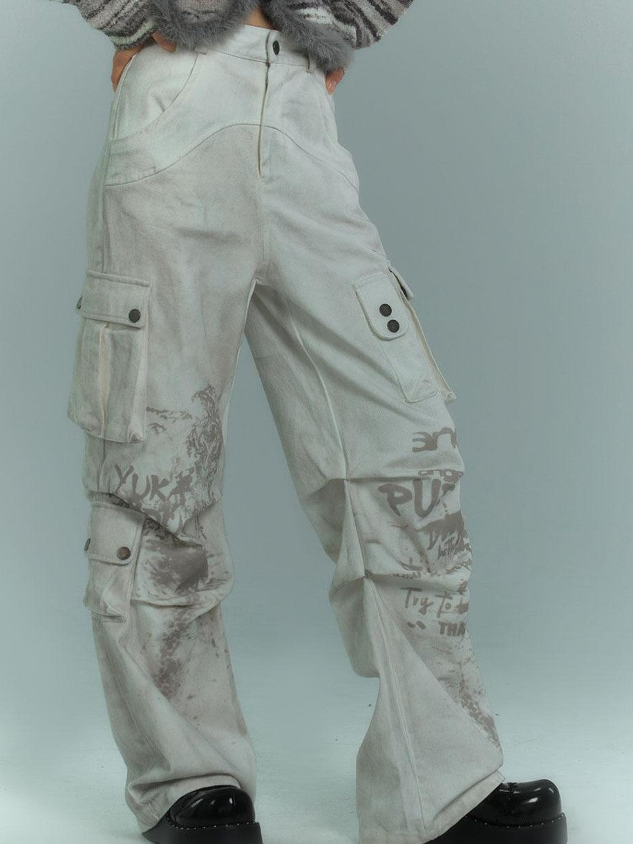 YUKAHOUSE Dirty Wash Pleated Multi Pocket Cargo Women's Cotton Wide-leg Jeans