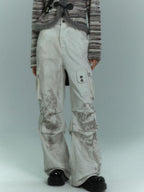 YUKAHOUSE Dirty Wash Pleated Multi Pocket Cargo Women's Cotton Wide-leg Jeans