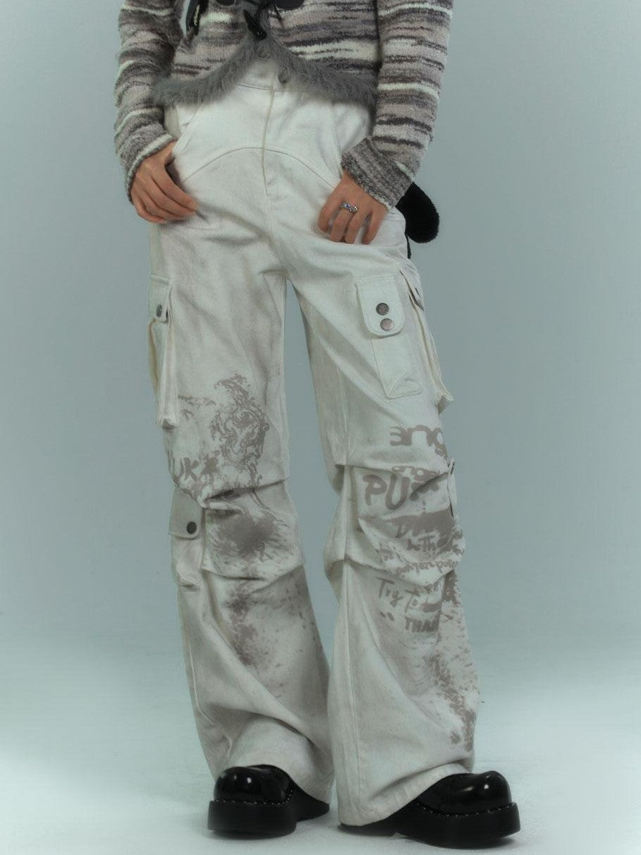 YUKAHOUSE Dirty Wash Pleated Multi Pocket Cargo Women's Cotton Wide-leg Jeans