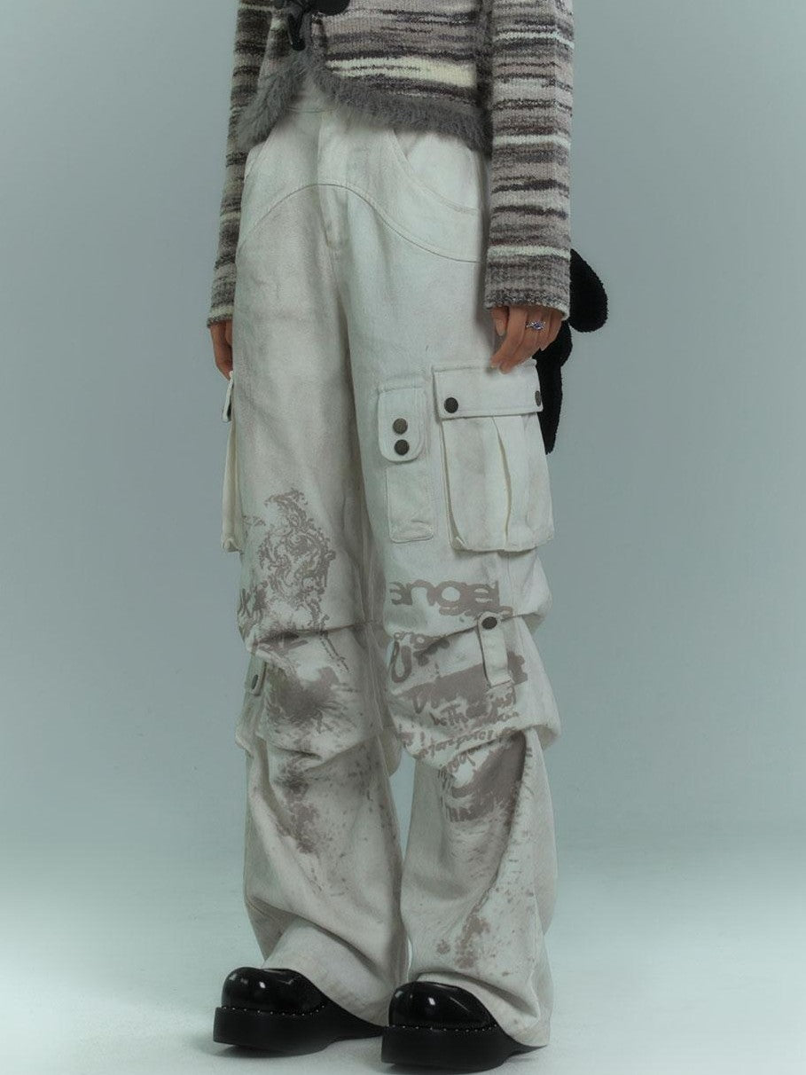 YUKAHOUSE Dirty Wash Pleated Multi Pocket Cargo Women's Cotton Wide-leg Jeans