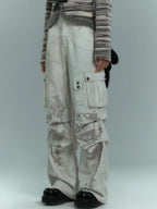 YUKAHOUSE Dirty Wash Pleated Multi Pocket Cargo Women's Cotton Wide-leg Jeans