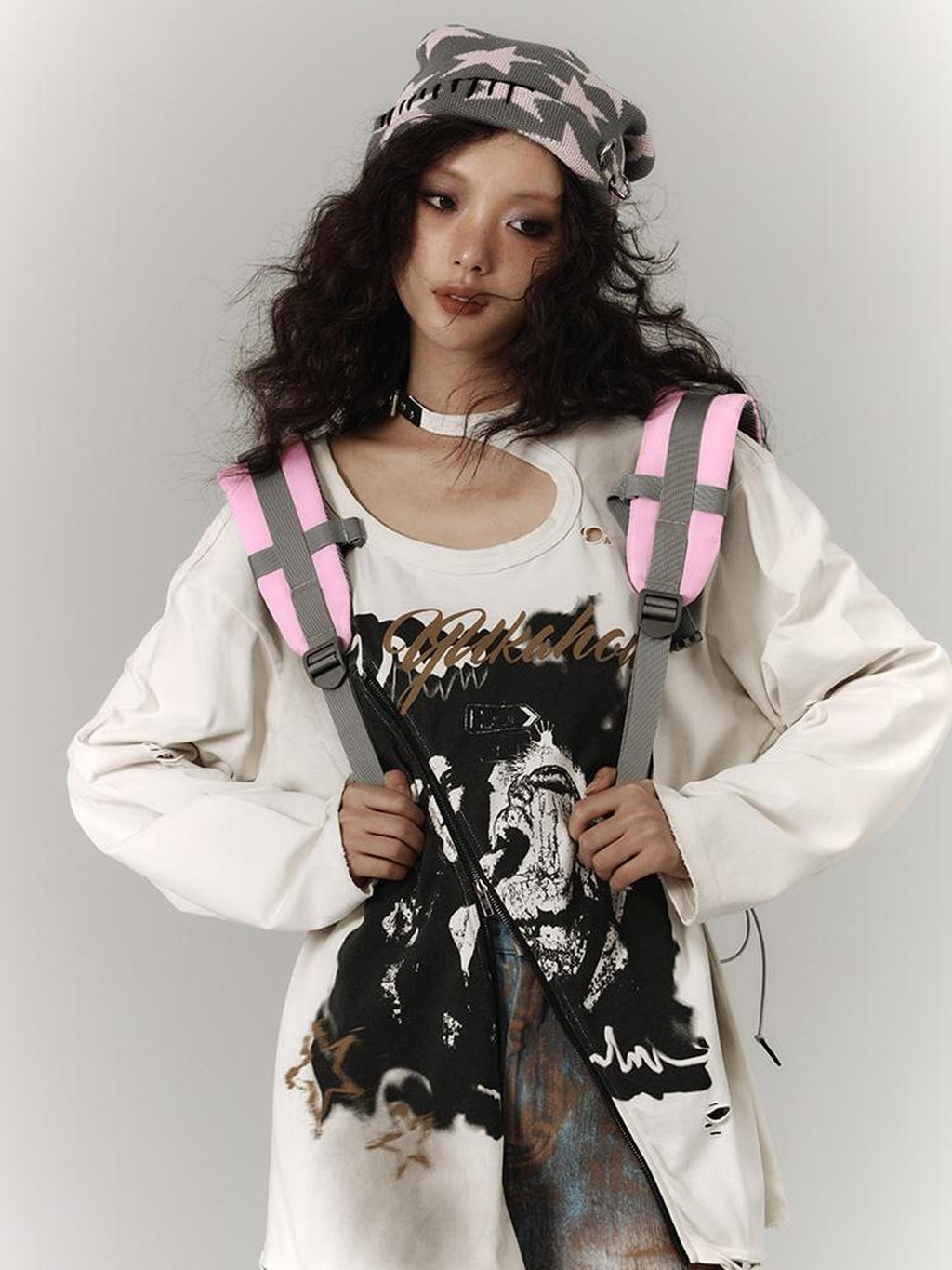 YUKAHOUSE Distressed Cutout Diagonal Zip Cotton Women's Long Sleeve T-shirts