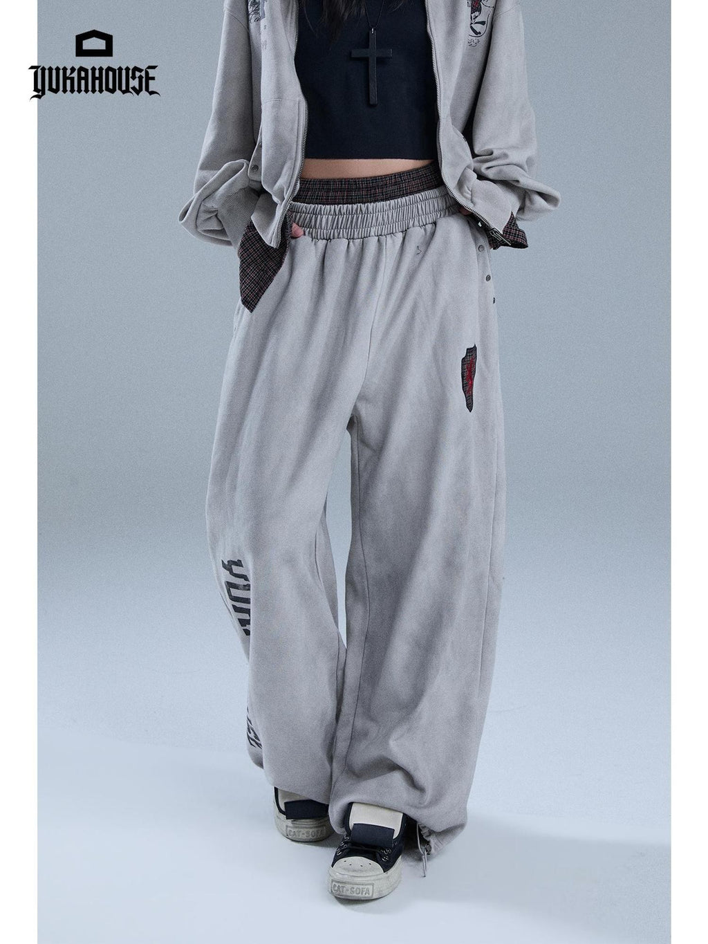 YUKAHOUSE Distressed Letter Print Loose Fit Cotton Women's Wide-leg Pants