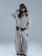 YUKAHOUSE Distressed Letter Print Loose Fit Cotton Women's Wide-leg Pants