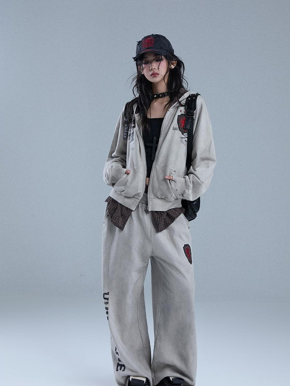 YUKAHOUSE Distressed Letter Print Loose Fit Cotton Women's Wide-leg Pants