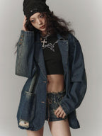 YUKAHOUSE Distressed Pin Detail Loose Fit Cotton Women's Denim Jackets