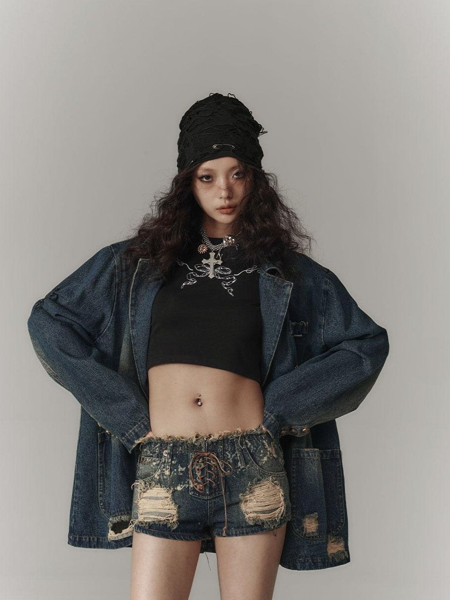 YUKAHOUSE Distressed Pin Detail Loose Fit Cotton Women's Denim Jackets