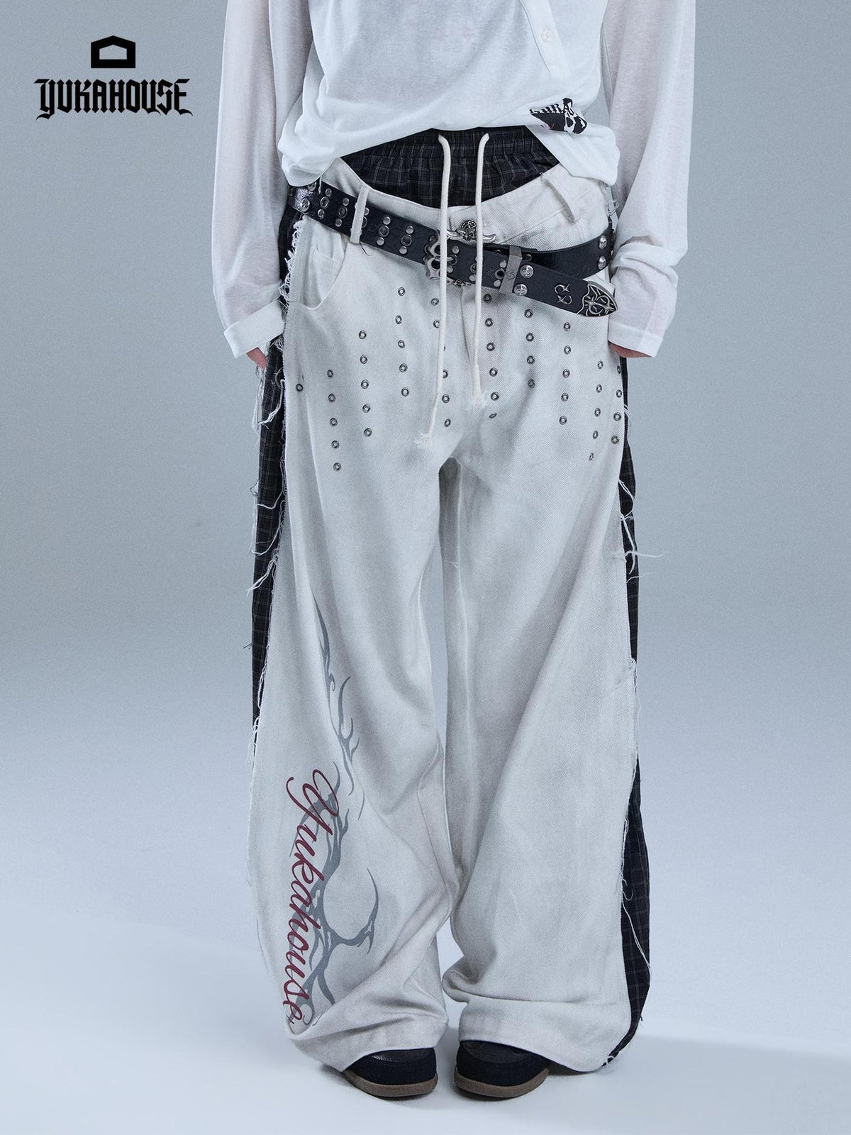 YUKAHOUSE Distressed Raw Hem Letter Print Faux Two Piece Women's Cotton Straight Pants