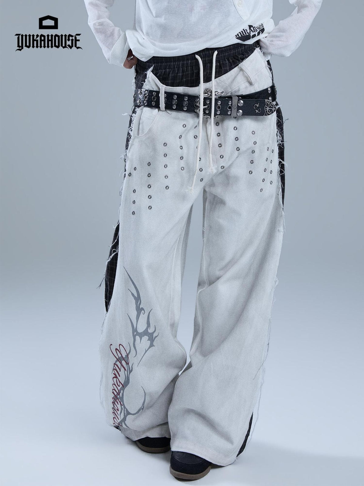YUKAHOUSE Distressed Raw Hem Letter Print Faux Two Piece Women's Cotton Straight Pants