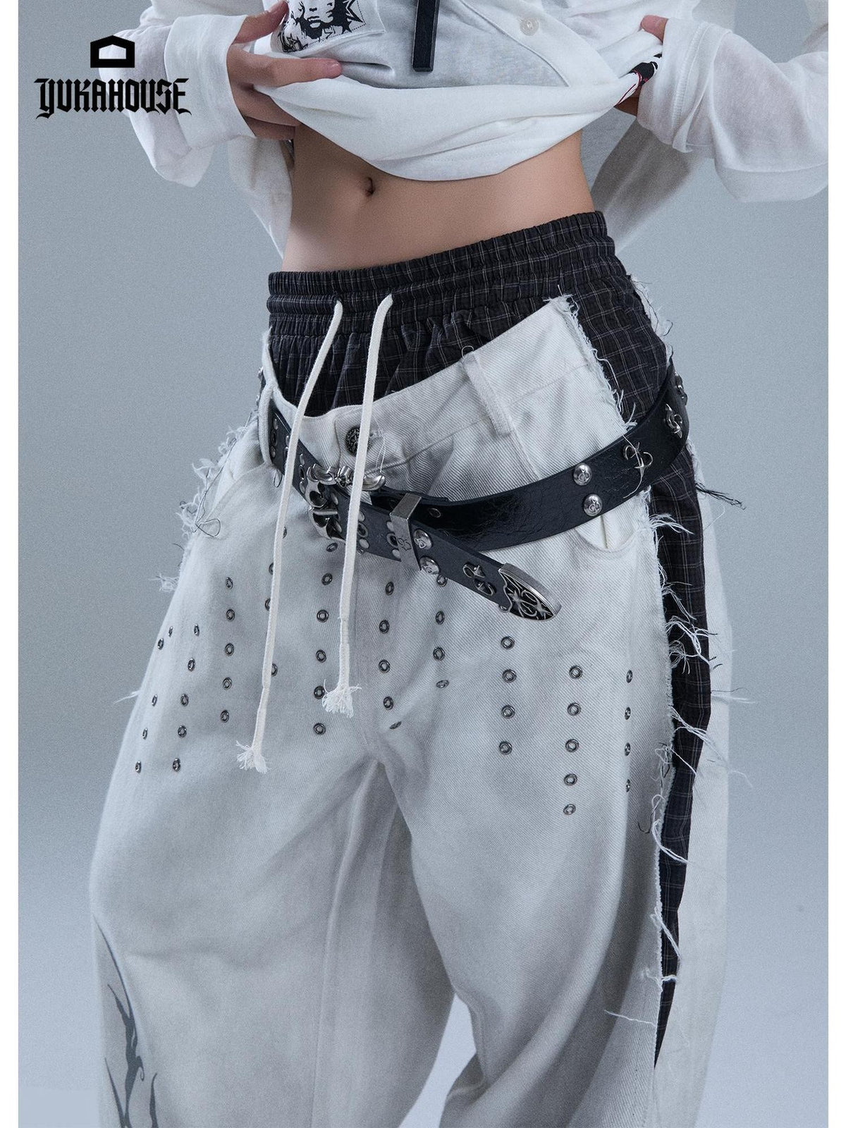 YUKAHOUSE Distressed Raw Hem Letter Print Faux Two Piece Women's Cotton Straight Pants