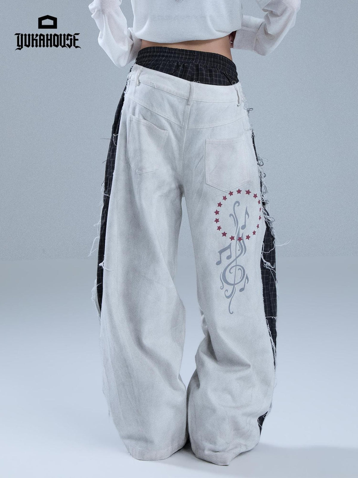 YUKAHOUSE Distressed Raw Hem Letter Print Faux Two Piece Women's Cotton Straight Pants