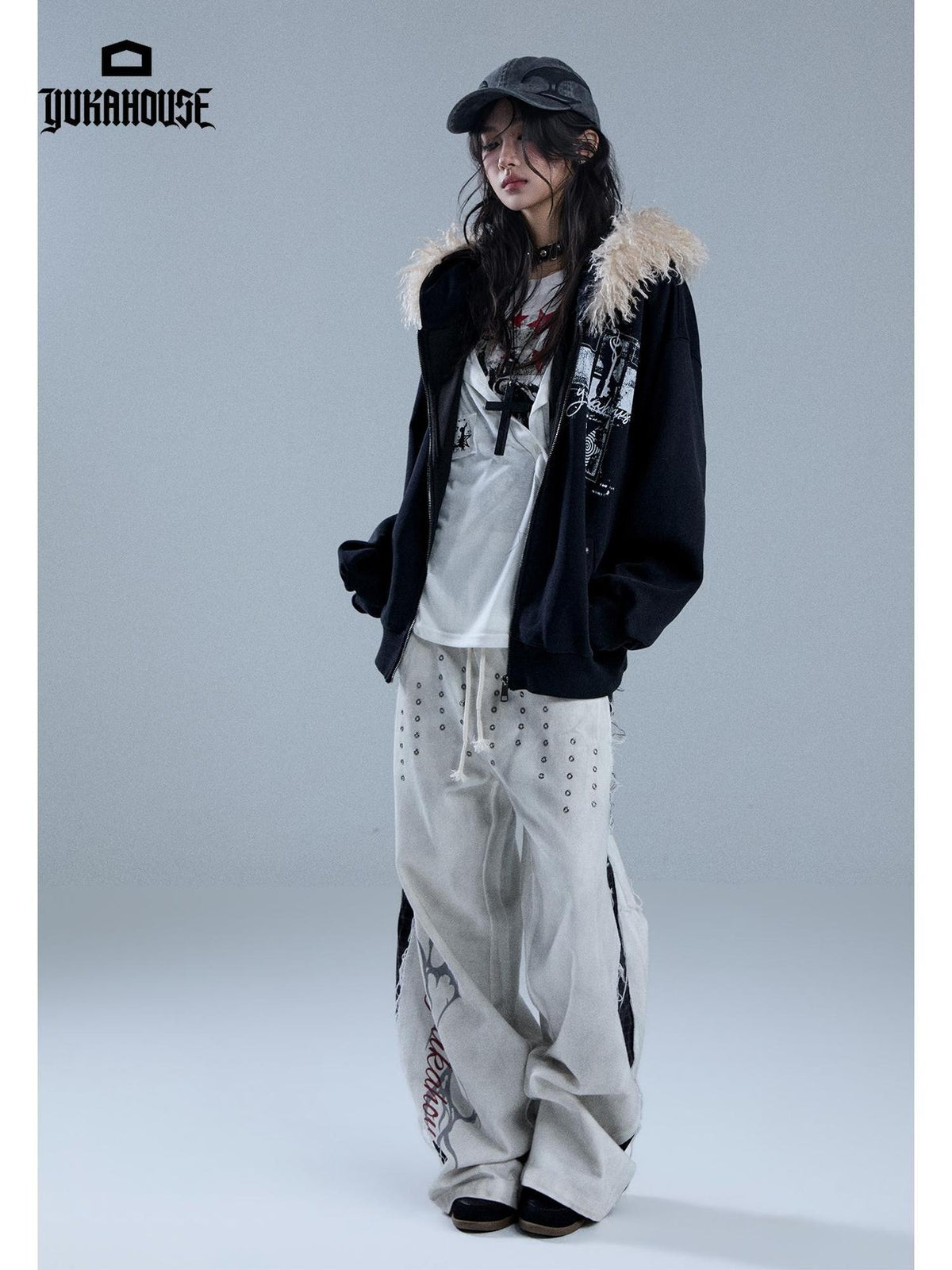 YUKAHOUSE Distressed Raw Hem Letter Print Faux Two Piece Women's Cotton Straight Pants