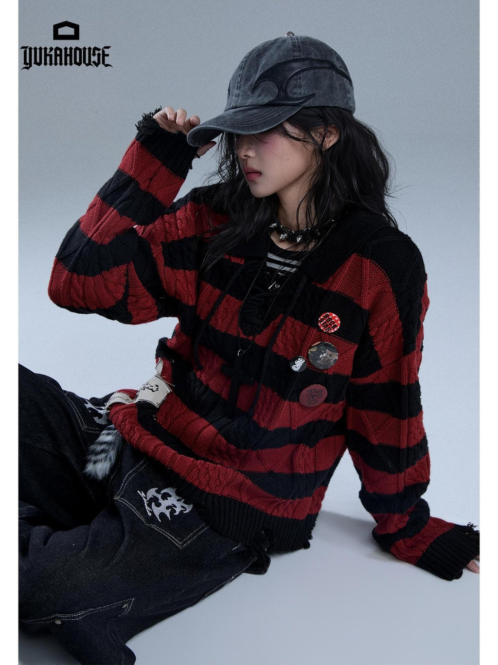 YUKAHOUSE Distressed Striped Drawstring V-neck Knit Women's Cotton Sweaters