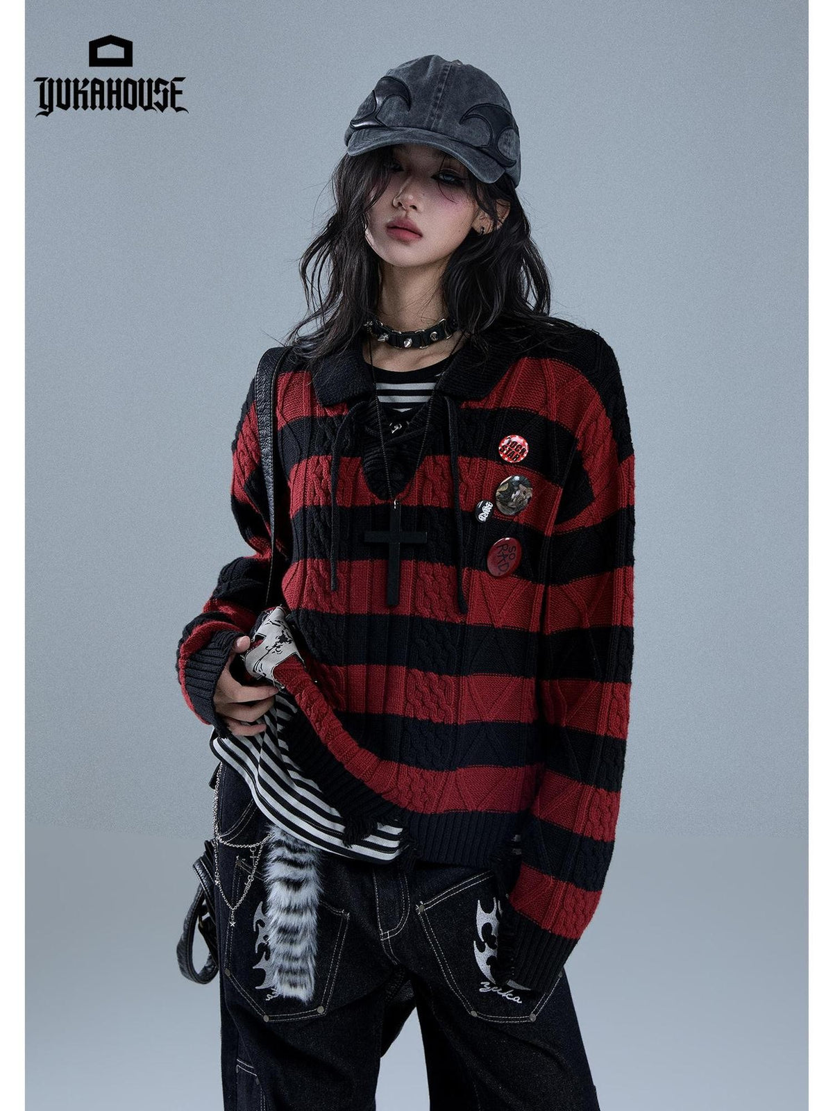 YUKAHOUSE Distressed Striped Drawstring V-neck Knit Women's Cotton Sweaters