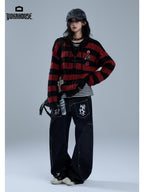 YUKAHOUSE Distressed Striped Drawstring V-neck Knit Women's Cotton Sweaters