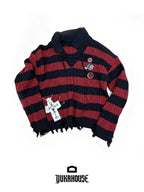 YUKAHOUSE Distressed Striped Drawstring V-neck Knit Women's Cotton Sweaters